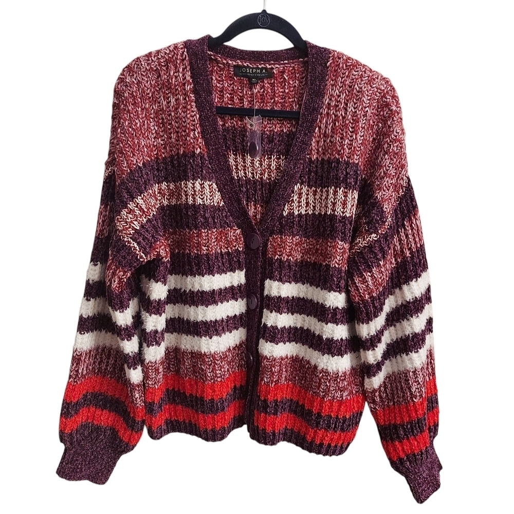 JOSEPH A Chunky Knit Striped V Neck Long Sleeve Button Down Cardigan Sweater XL